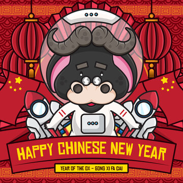 Happy chinese new year social media poster template with cute cartoon character of ox wearing astronaut costume