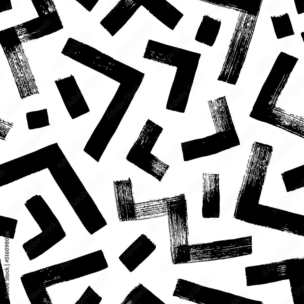 Fototapete Zigzag and triangle vector seamless pattern. Hand drawn geometric brush strokes. Thick lines with scuffs. Abstract grunge zig zag lines texture, triangles and dashes. Mosaic and maze seamless pattern.