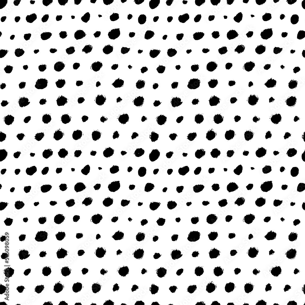 Poster Black round specks in a row seamless pattern. Vector different spots, polka dot ornament. Abstract monochrome background with hand painted small ink blobs. Polka dot motif wallpaper.