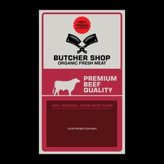 butcher shop logo, silhouette of great bull and knfes in card design, vector illustrations