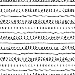 Different charcoal lines vector seamless pattern. Hand drawn swirl brush strokes, small dots and straight lines. Black and white naive, geometric and tribal ornament. Rustic style, dry pencils strokes