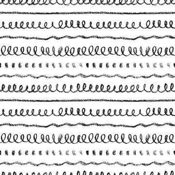 Different charcoal lines vector seamless pattern. Hand drawn swirl brush strokes, small dots and straight lines. Black and white naive, geometric and tribal ornament. Rustic style, dry pencils strokes