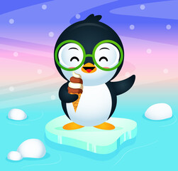 Happy Cute Penguin Eat Ice Cream