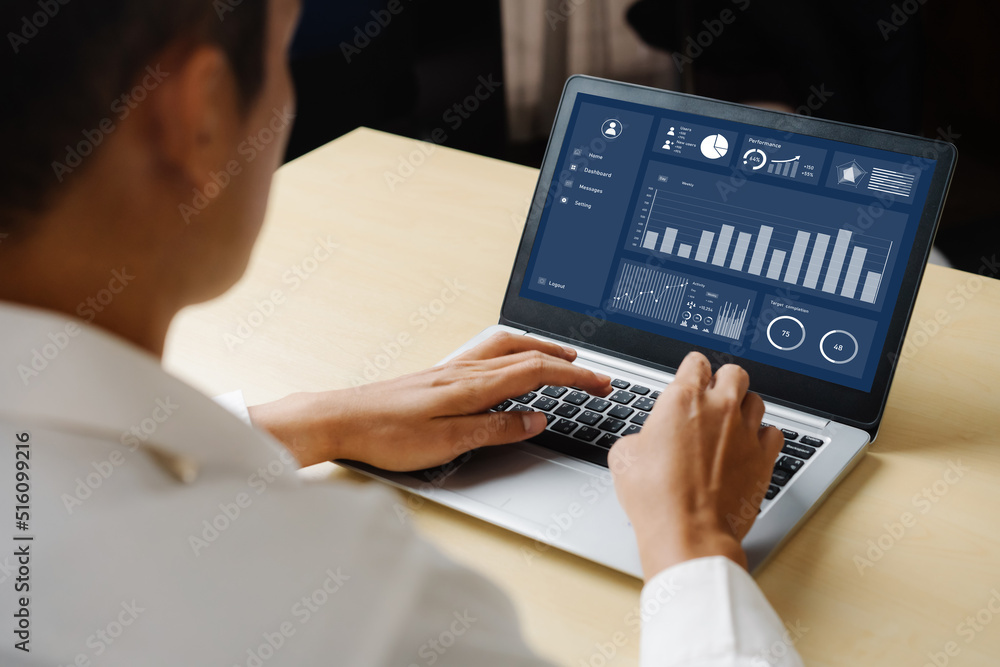 Poster business data dashboard analysis by ingenious computer software . investment application display bus