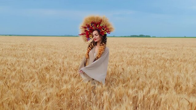 a beautiful woman in a Ukrainian national Ukrainian dress and a wreath of wheat in a field with ripe wheat. The concept of a free Ukraine. A young woman with beautiful braids moves across the field. 
