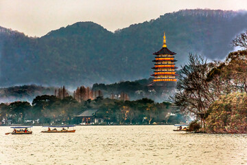 Old Chinese Leifeng Pagoda West Lake Hangzhou Zhejiang China