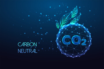 Carbon neutral, net zero emission concept with CO2 inside of sphere and green leaves on dark blue