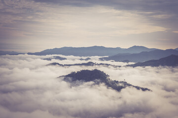 Viewpoint looking from Aiyoeweng Sky walk with mist in the morning very beautiful, there are many tourists go to visit, Betong, Yala, Thailand.