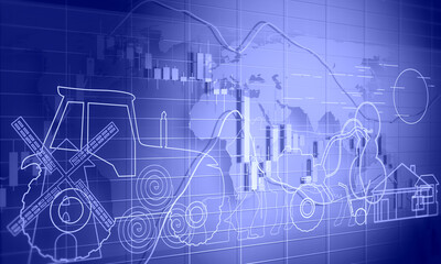 Overlayed outline icons of windmill, house, tractor and farm animals. Ecologically clean area. Village in the summer. Thin line style illustration. Candlestick stock exchange background with world map