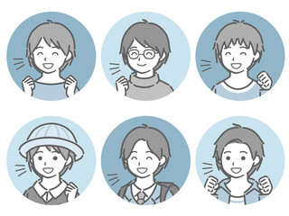 喜ぶ少年の斜め向き丸アイコンセット