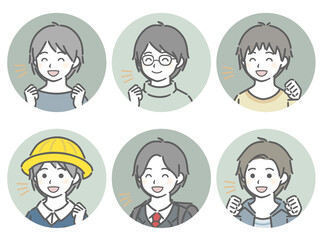 喜ぶ少年の斜め向き丸アイコンセット