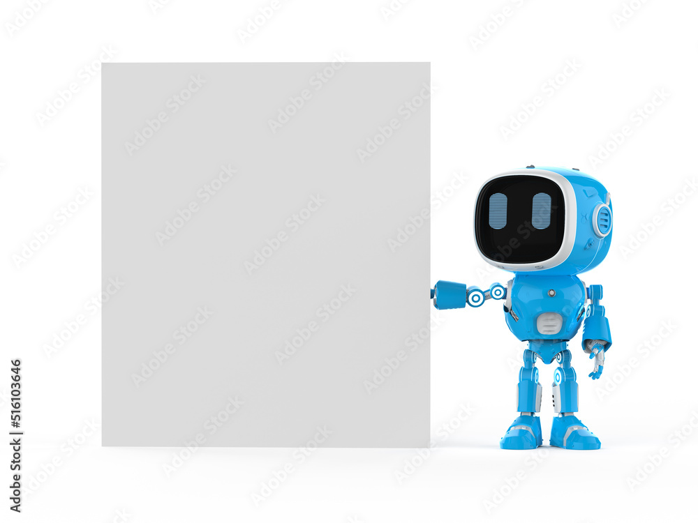 Poster cute and small artificial intelligence assistant robot with empty note