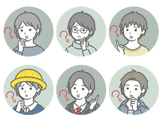 疑問に思う少年の斜め向き丸アイコンセット