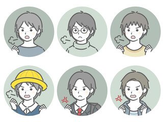 怒る少年の斜め向き丸アイコンセット