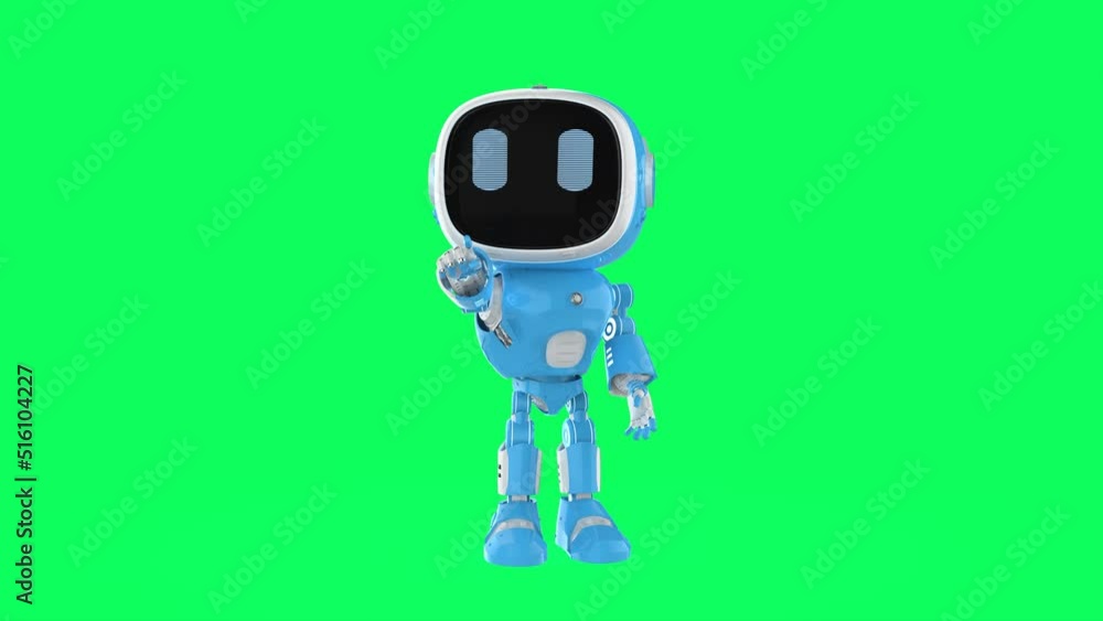 Poster small artificial intelligence assistant robot with cartoon character finger point