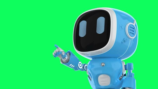 small artificial intelligence assistant robot with cartoon character finger point