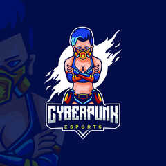 Cyberpunk logo illustration with women's mask respirator, Suitable for sports logos, T-shirt designs and product identities, etc. character logos.