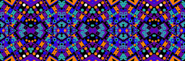 Ethnic carpet with geometric mosaic aztec style stripes on tile. majolica Antique interior,modern rugs,geographic print on kente clot textile.Tribal vector ornament seamless african pattern.multicolor