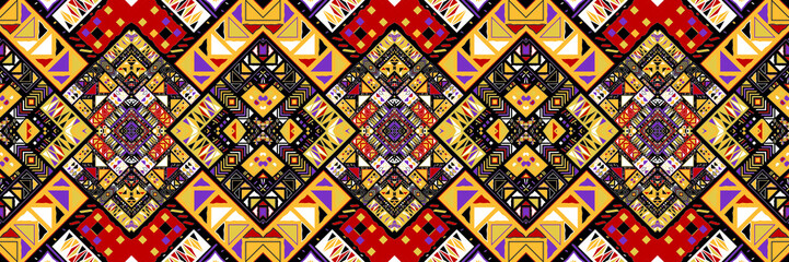 Ethnic carpet with geometric mosaic aztec style stripes on tile. majolica Antique interior,modern rugs,geographic print on kente clot textile.Tribal vector ornament seamless african pattern.multicolor