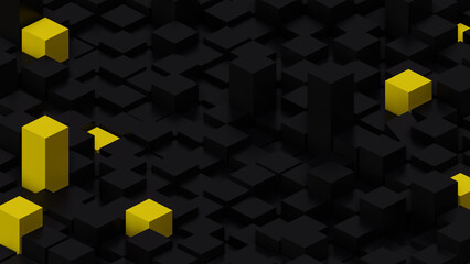 3d dark black and yellow  background with unbalanced squares in perspective