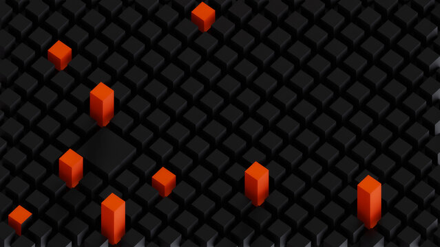 3d dark black and orange background with unbalanced squares in perspective
