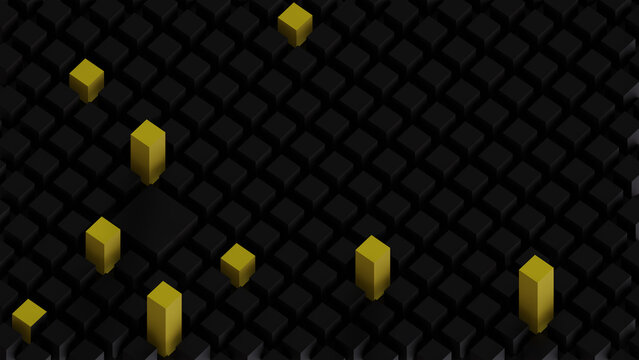 3d render dark black and yellow background with unbalanced squares in perspective