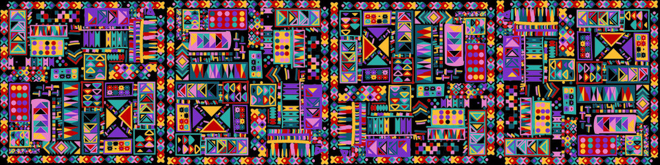 Ethnic carpet with geometric mosaic aztec style stripes on tile. majolica Antique interior,modern rugs,geographic print on kente clot textile.Tribal vector ornament seamless african pattern.multicolor