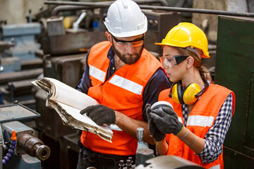 Team technician maintance talking concern safty. inspector man in factory industry safety service workshop solution. teamwork engineer expertise innovate.