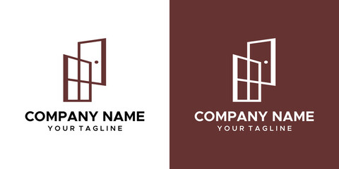 a window and door themed graphic, on a brown and white background. vector graphics base.