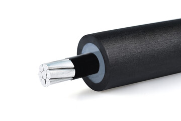 Electrical power cable on white background. Copper wire is the electric conductor of urban society.