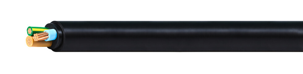 Electric cable on white background. Copper wire is the electric conductor of urban society