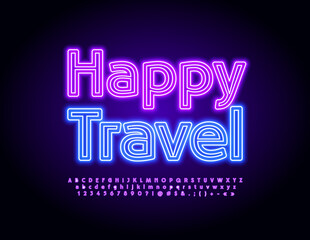 Vector neon emblem Happy Travel. Bright Neon Font. Light tube Alphabet Letters and Numbers set