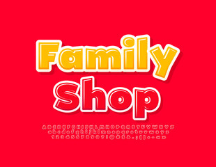 Vector colorful flyer Family Shop. Bold 3D Font. Red glossy Alphabet Letters and Numbers