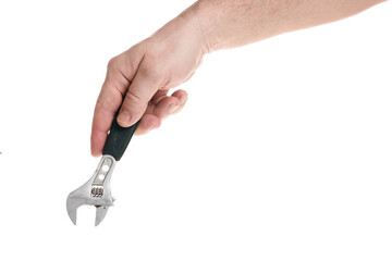 Hand holds an adjustable wrench on a white background - 516110443