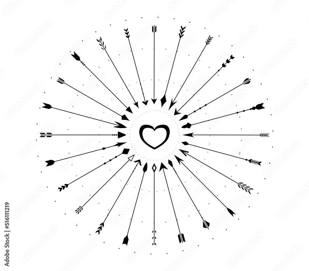 Poster set of vintage arrows. beautiful retro bow arrow form circle with heart in center. design element fo