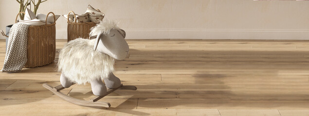 Children room girls interior scandinavian style background. Kids farmhouse style 3d rendering illustration. Web banner.