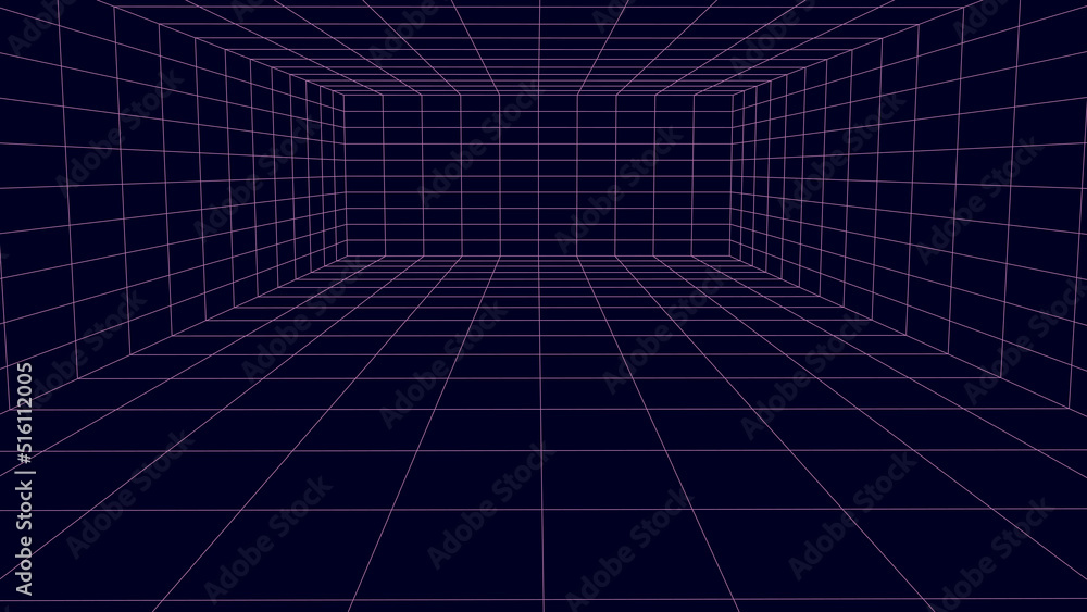 Poster futuristic digital grid box dark background. wireframe room network abstract technology line. vector