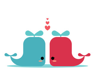 a blue whale boy and a pink whale girl are flirting each other. couple concept. copy space design. vector illustration. 4:3.