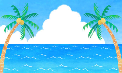 Fototapeta na wymiar 夏の海とヤシの木の手描き水彩イラスト　背景素材