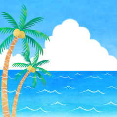 Fototapeta na wymiar 夏の海とヤシの木の手描き水彩イラスト　背景素材