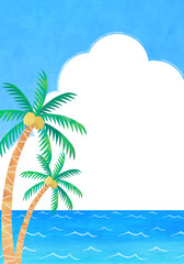 Fototapeta na wymiar 夏の海とヤシの木の手描き水彩イラスト　背景素材 