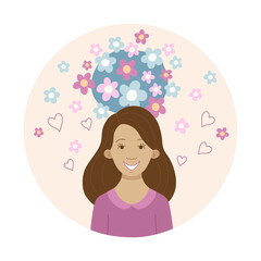 Self love concept, mentally healthy woman, accepts herself as she is, vector illustration in a flat style.