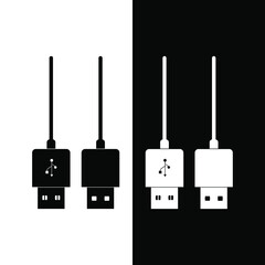 Front and back view of usb icon and illustration. There are two versions, black and white.
