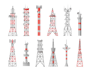 Telecommunication tower. Mobile and radio signal by antenna, network communication, 5g mast, telephone and television satellite station. Internet technology. Vector design isolated set