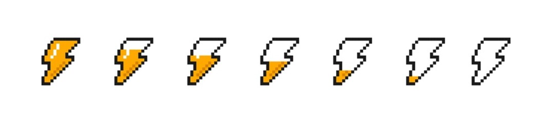 Game energy scale concept. Pixelated set of lightning bolts or thunderbolt with different fill levels. Design elements for video games. Cartoon simple vector collection isolated on white background