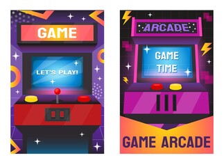 Arcade game machine background. Retro 80s console with pinball logo. 90s screen banner or flyer. Nostalgia leisure. Gaming electronic equipment set. Play device. Vector poster illustration