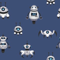 Robot game pattern. Cute kids monsters, baby machine toy, happy retro space children background. Seamless design. Decor childish textile, wrapping paper. Vector print or fabric