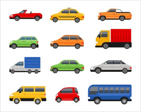 City vehicle. Urban transportation. Cars side view. Van and suv truck. Isolated auto taxi mini or micro modern transport. Cabriolet or sedan. Road traffic elements. Vector automobiles set