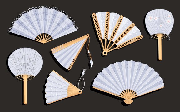 Japanese folding fans. Hand round traditional chinese items, decoration wooden objects, uchiwa and sensu. Geisha attribute. Isolated elegant Asian elements set. Vector illustration items