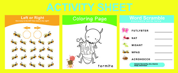 Activity sheet for children. Educational printable worksheet. Animals worksheet theme. Vector illustrations.